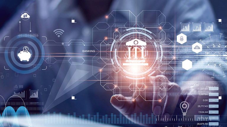 A person touches a virtual screen with banking and financial technology icons, charts, and data visualisations, representing digital banking and fintech innovation.