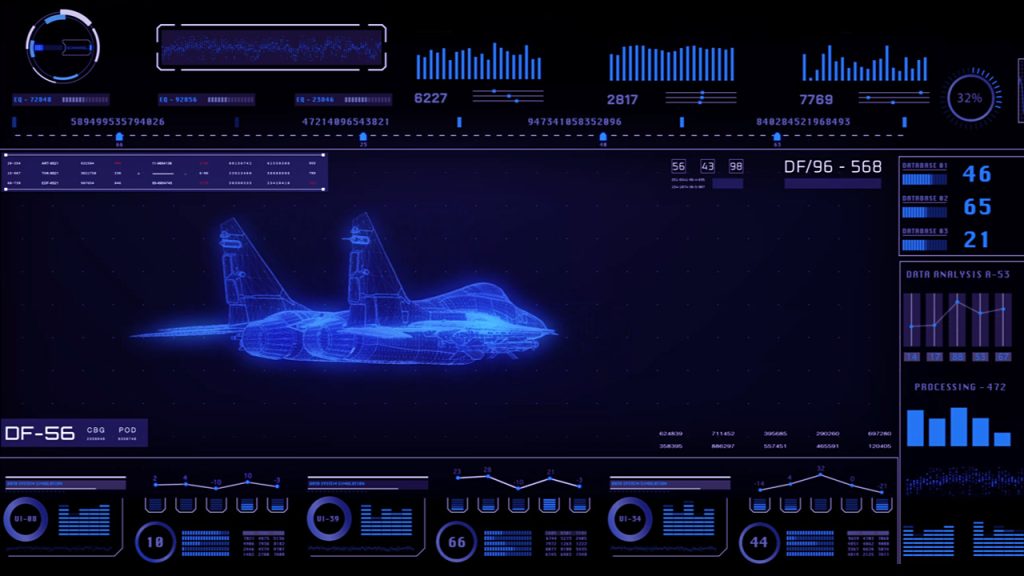 A digital interface displays a blue holographic jet, surrounded by various data charts, graphs, numbers, and technical details on a dark background.