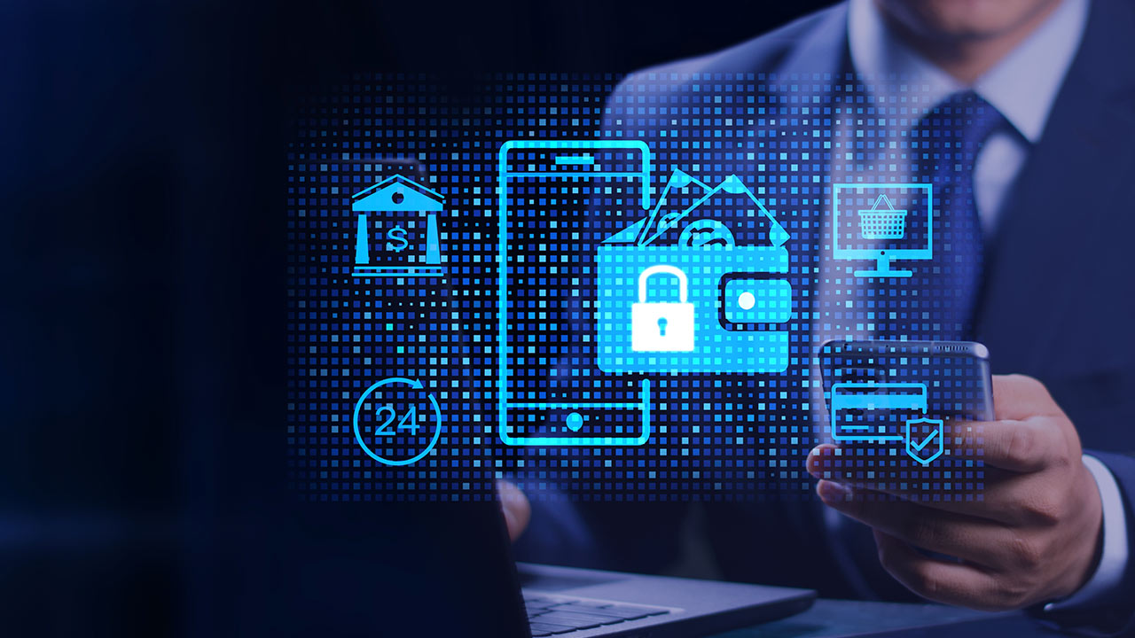 A person in a suit uses a mobile phone at a desk, with digital icons of a lock, wallet, bank, and computer overlaid, representing secure online banking and digital security.