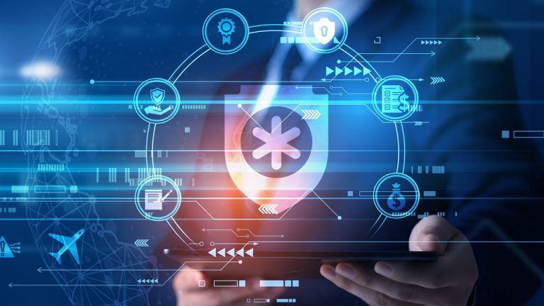 A person in a suit holds a tablet with glowing digital icons and futuristic circular graphics representing technology, cyber security, finance, and travel.