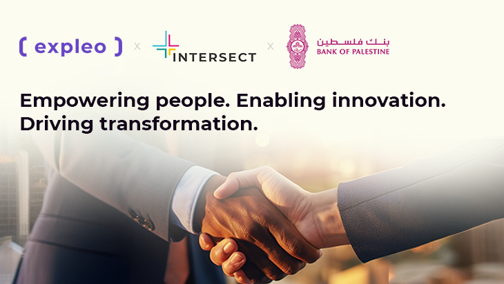 Two people shaking hands, with Expleo, Intersect, and Bank of Palestine logos above. Text reads: "Empowering people. Enabling innovation. Driving transformation." Cityscape background.