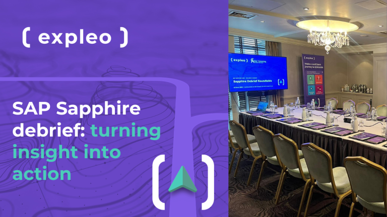 A conference room with a U-shaped table set-up, screens displaying “Expleo Sapphire Debrief Roundtable”, and event materials. Overlaid text reads: “SAP Sapphire debrief: turning insight into action.” Expleo logo is featured.