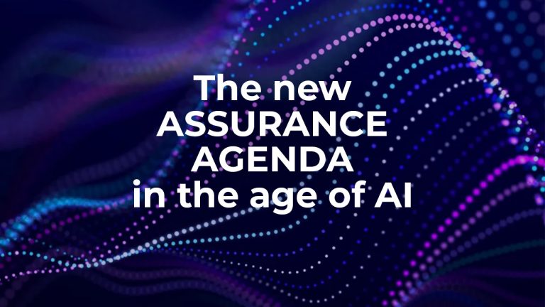 White text on a dark blue and purple abstract background with dotted wave patterns reads: "The new ASSURANCE AGENDA in the age of AI.