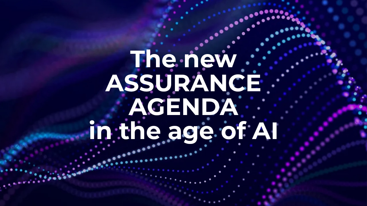 White text on a dark blue and purple abstract background with dotted wave patterns reads: "The new ASSURANCE AGENDA in the age of AI.