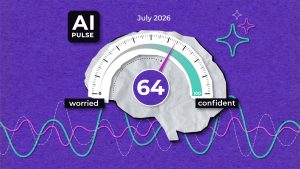 A brain-shaped gauge reads “64” between “worried” and “confident,” labelled “AI Pulse,” with the date July 2026. Colourful wave lines and star doodles are on a purple textured background.
