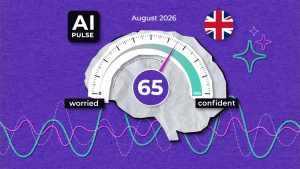A gauge shaped like a brain shows a confidence score of 65 for August 2026, with “worried” on the left and “confident” on the right. The UK flag and AI Pulse logo appear on a purple background with colourful graph lines.