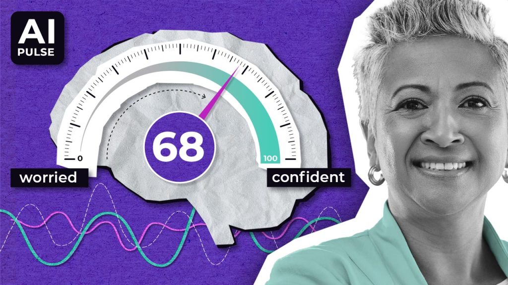 A smiling woman next to a brain-shaped gauge reading 68, labelled from “worried” to “confident.” AI Pulse logo appears in the corner, with colourful waveforms at the bottom.