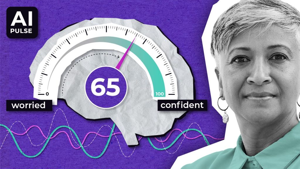 A gauge shaped like a brain shows a score of 65 between “worried” and “confident.” A person stands on the right, and colourful waves appear below. “AI Pulse” is written in the top left corner.