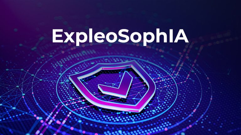 The word “ExpleoSophIA” above a digital shield with a tick, surrounded by futuristic, glowing network lines and nodes on a purple and blue background.