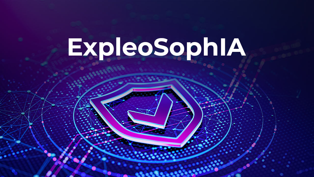 The word “ExpleoSophIA” above a digital shield with a tick, surrounded by futuristic, glowing network lines and nodes on a purple and blue background.