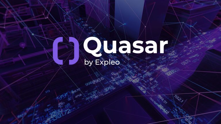 Futuristic digital background with glowing lines and numbers, featuring the text “Quasar by Expleo” in white and purple font at the centre.