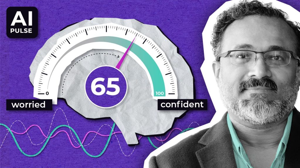 A portrait of a man next to a brain-shaped gauge with a dial pointing to 65 on a scale from worried to confident.