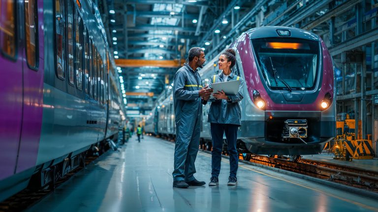 Two engineers stand in a brightly lit train maintenance facility, discussing work while holding a laptop. Modern trains are parked on both sides inside the spacious, industrial building.