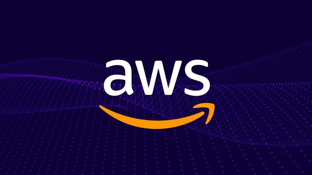 The white AWS logo with an orange smile icon on a dark purple background with a subtle dot-matrix wave pattern.