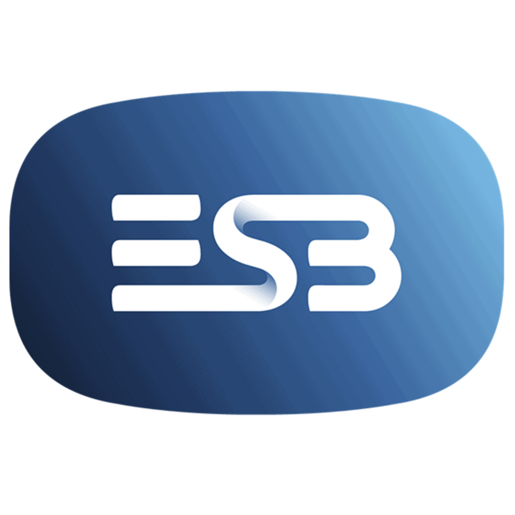ESB logo featuring bold white stylised letters “ESB” on a rounded blue gradient background.
