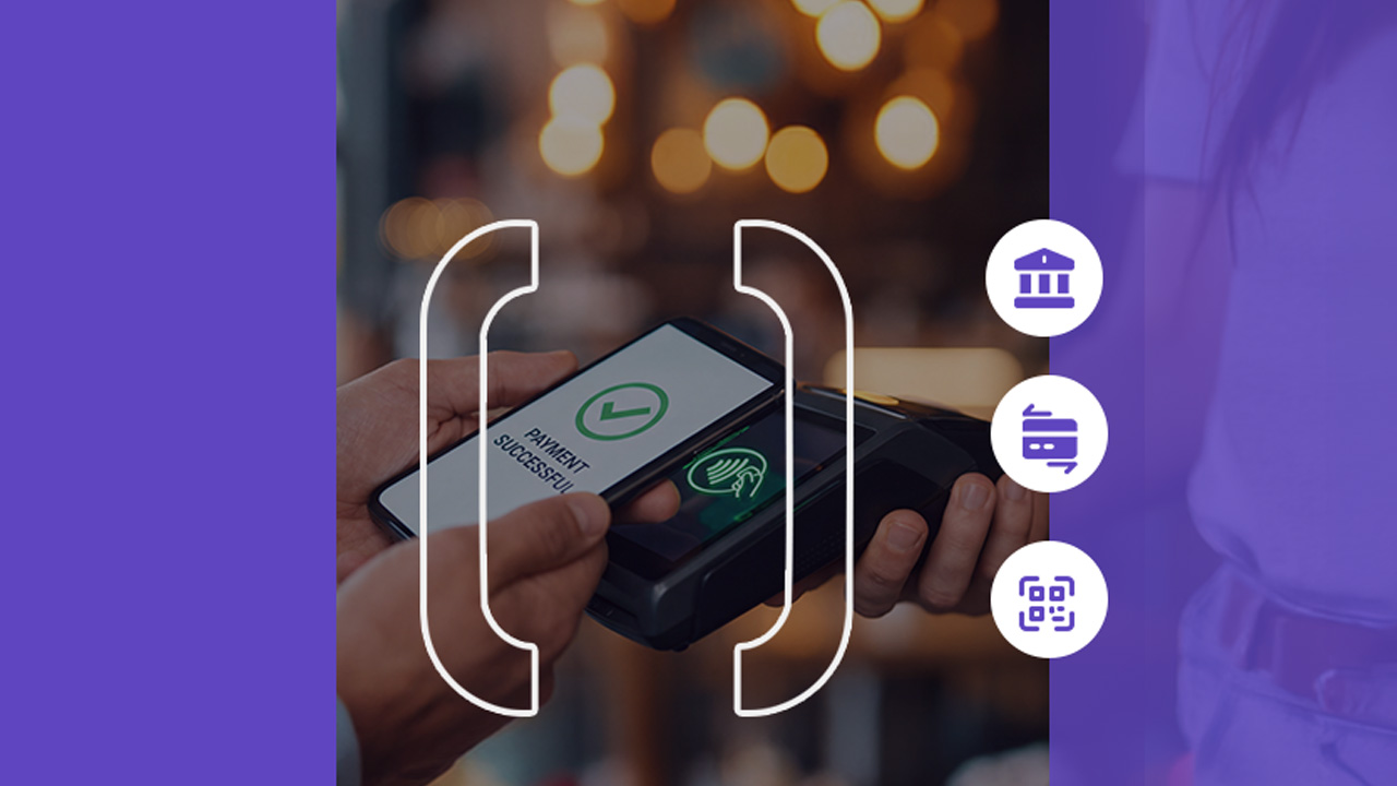 A person holds a mobile phone to a payment terminal, displaying “Payment Successful.” Three finance-related icons appear on a purple sidebar.