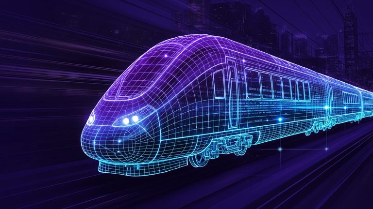 La silhouette numérique lumineuse, bleue et violette, d'un train à grande vitesse moderne traverse un paysage urbain sombre, évoquant une technologie de pointe et des moyens de transport futuristes.
