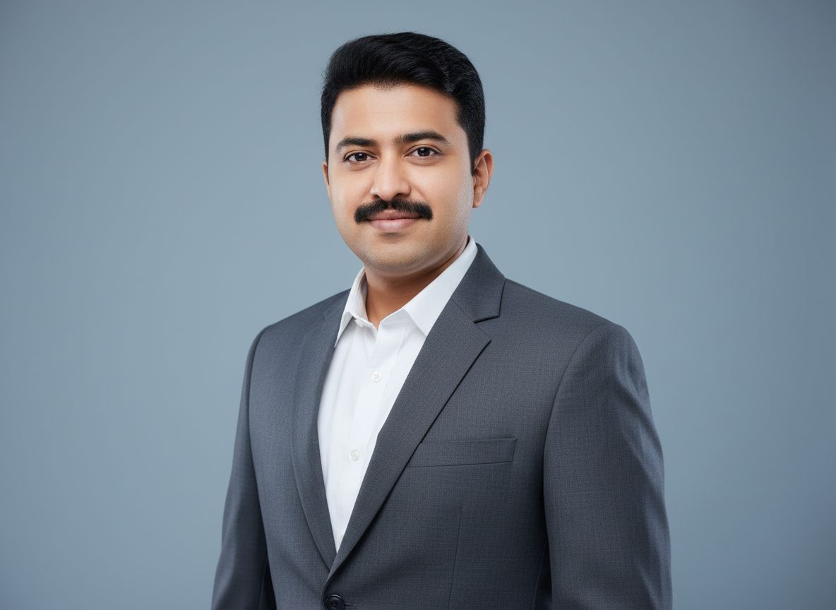 A man with short black hair and a moustache, wearing a grey suit and white shirt, smiles slightly while standing against a plain light grey background.