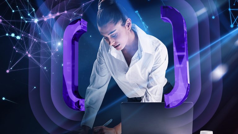 A woman in a white shirt writes on a document whilst looking at an open laptop, framed by large, glowing purple digital brackets and a connected node network.