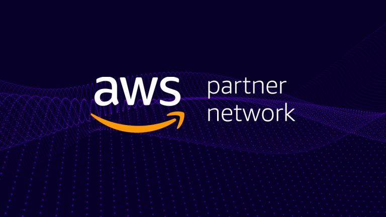 AWS Partner Network logo on a dark purple background with a digital dot wave pattern.