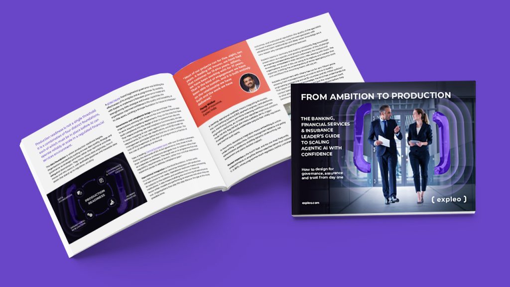 An open report about agentic AI in financial services displayed next to its cover, which features a man and woman in business attire walking in a modern office.