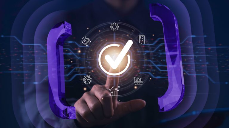 A person touches a glowing tick icon surrounded by digital symbols and brackets.