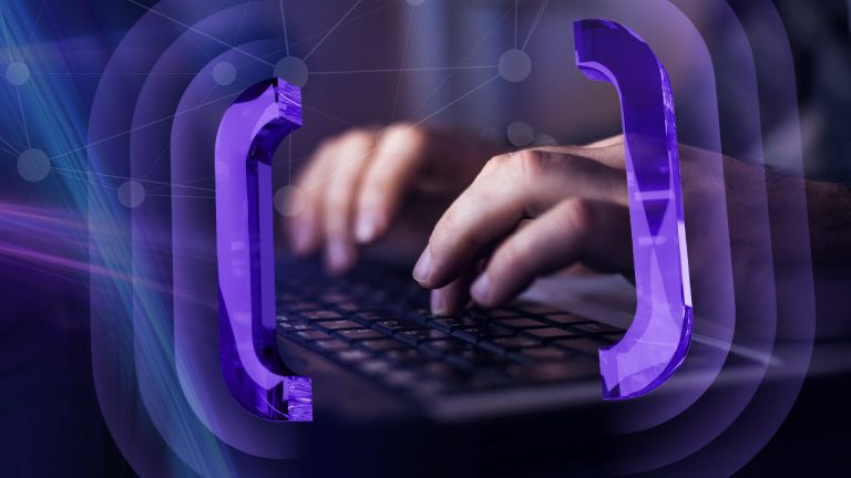 Hands typing on a keyboard, framed by large, glowing purple coding brackets.