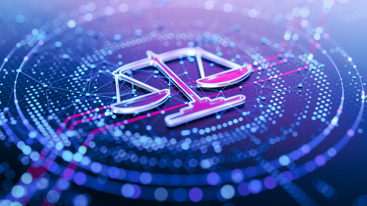 A glowing digital scale of justice icon centred over a network of interconnected lines and data points.