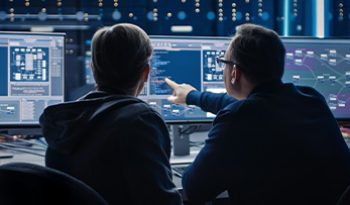 Two employees monitor the system software
