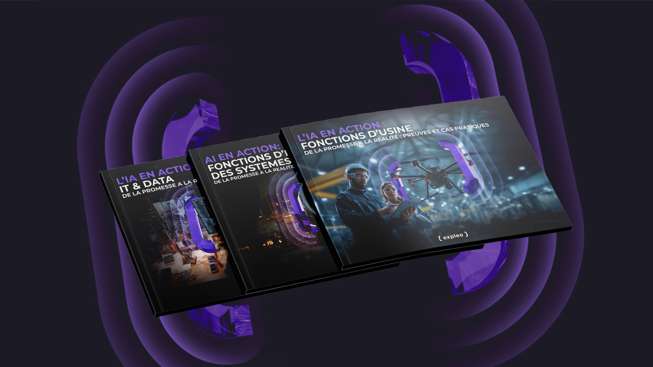 Three French-language books titled "L’IA EN ACTION" are displayed, each focusing on different business functions impacted by AI. The background contains abstract purple and black curved shapes.