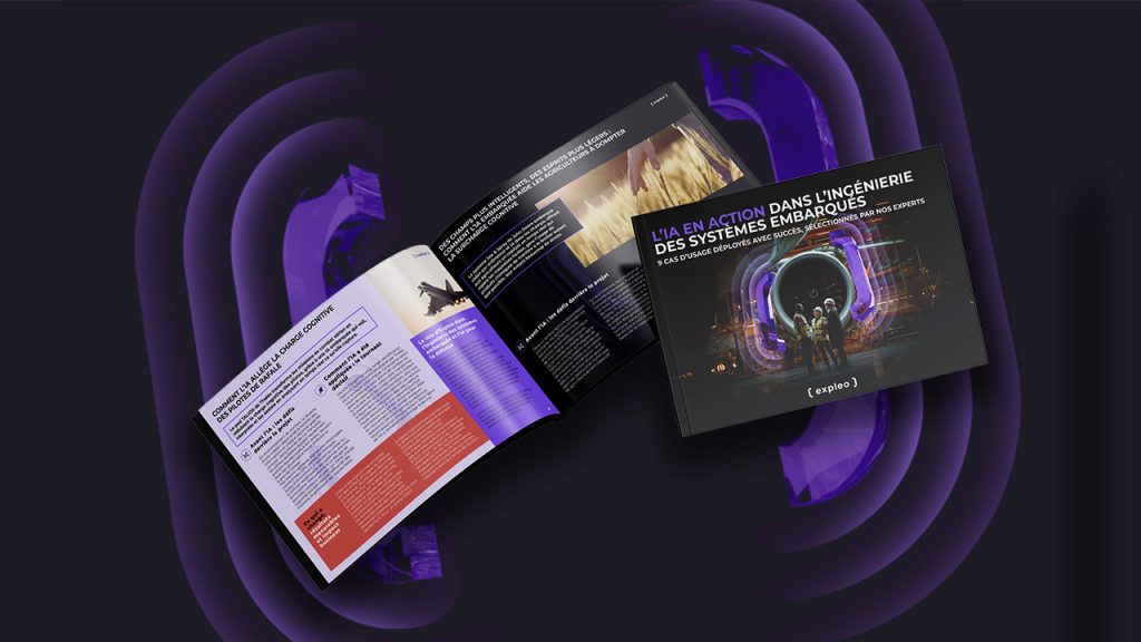 Two open books on a dark, abstract background. One book shows colorful pages with text and images, while the other book’s cover reads “L’IA en action dans l’ingénierie des systèmes embarqués” in French.