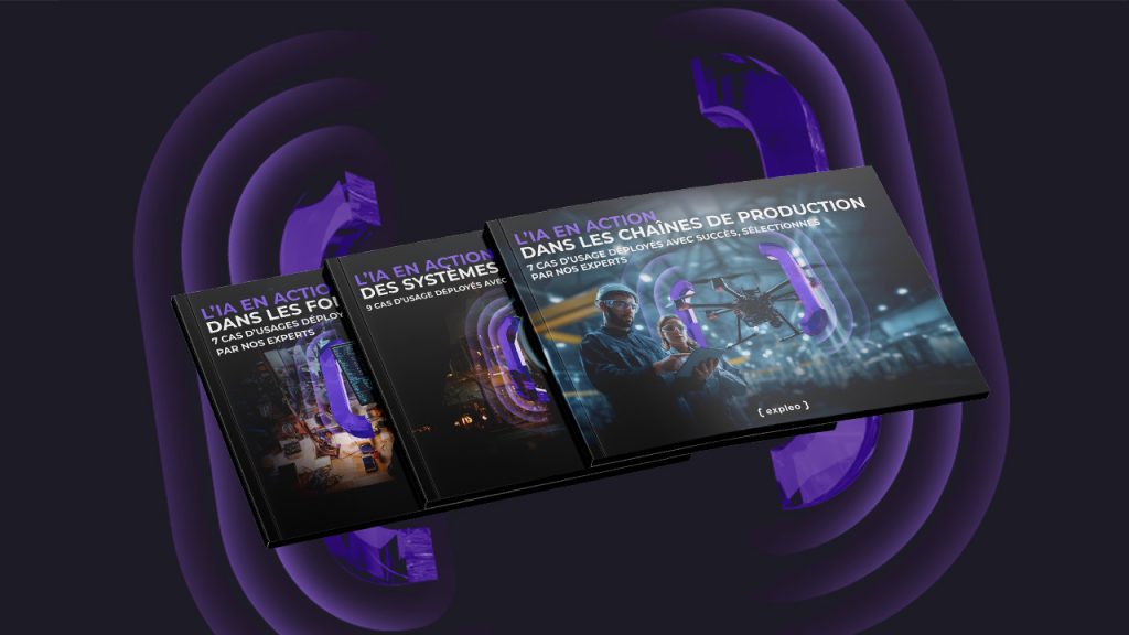 Three overlapping books with French titles about AI in action in business systems and production chains, featuring futuristic imagery of people, drones, and digital visuals on the covers, set against a dark abstract background.