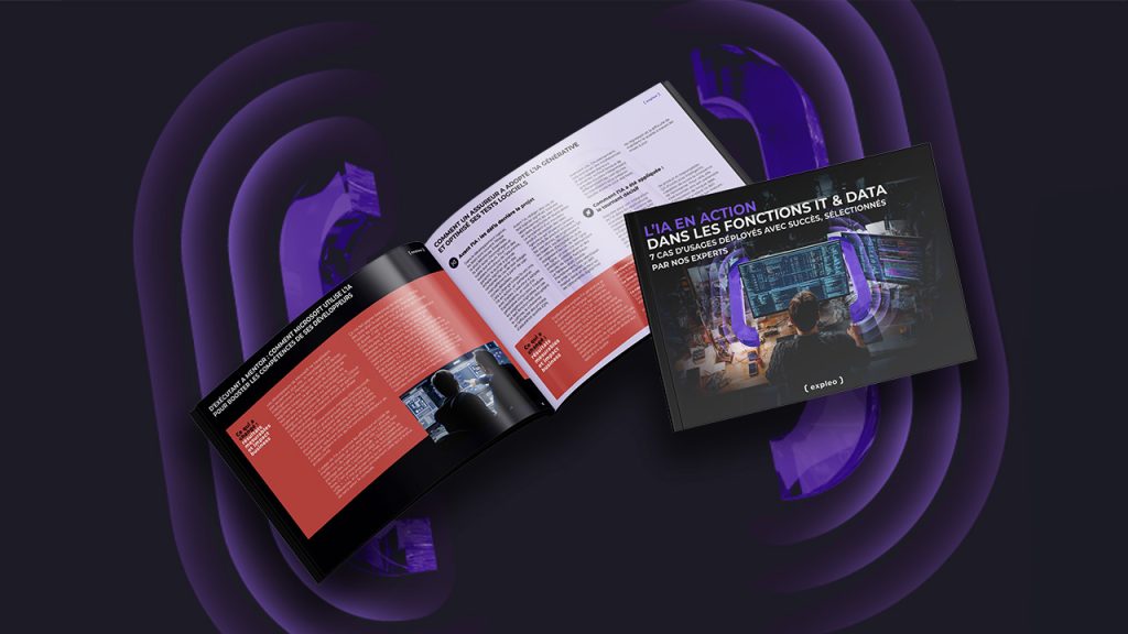 Two open books on a dark background. The left book shows text and images on both pages, with red and black colors. The right book’s cover reads, "L’IA EN ACTION DANS LES FONCTIONS IT & DATA" and features a futuristic illustration.