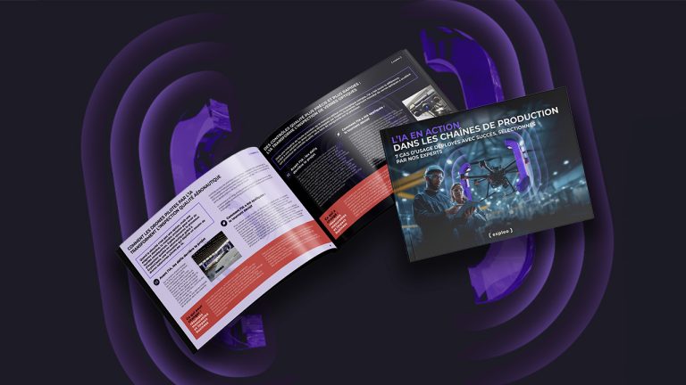 An open booklet and its cover titled "L’IA EN ACTION DANS LES CHAÎNES DE PRODUCTION" showing pages with text, images, and graphics, displayed on a dark background with purple abstract waves.