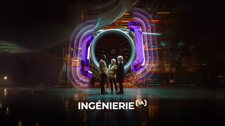 Three people in safety gear stand in front of a large jet engine, surrounded by vibrant neon lights and digital effects. The text “INGÉNIERIE (IA)” appears at the bottom of the image.