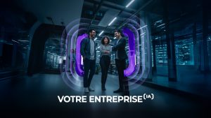 Three business professionals stand in a modern, glass-walled office with futuristic purple and blue digital graphics surrounding them. The text "VOTRE ENTREPRISE (IA)" appears at the bottom.