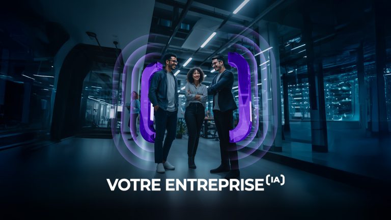 Three business professionals stand in a modern, glass-walled office with futuristic purple and blue digital graphics surrounding them. The text "VOTRE ENTREPRISE (IA)" appears at the bottom.