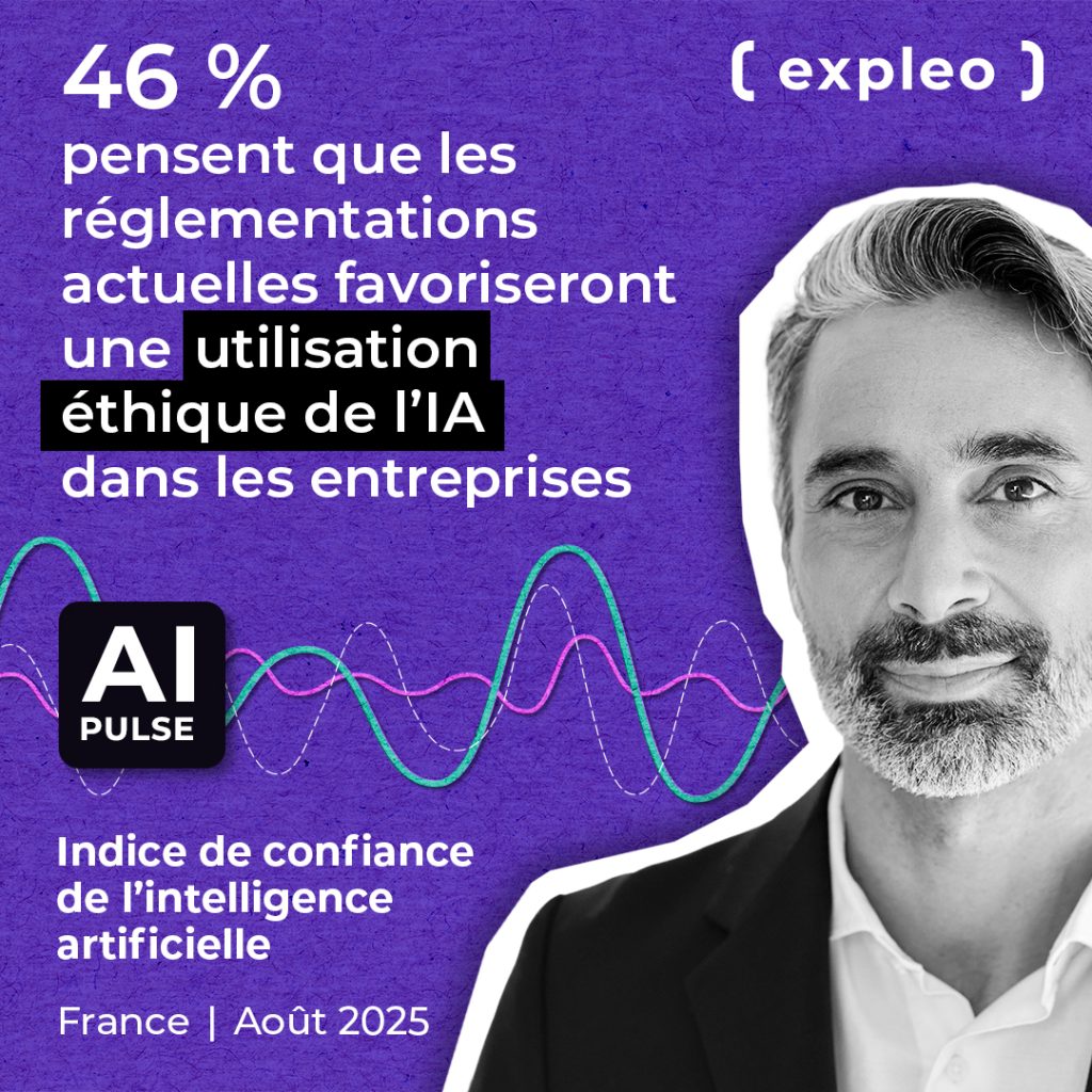 A businessman's portrait beside a statistic: "46% pensent que les réglementations actuelles favoriseront une utilisation éthique de l’IA dans les entreprises." Text mentions AI Pulse, France, and August 2025. Colorful wave graphics in the background.
