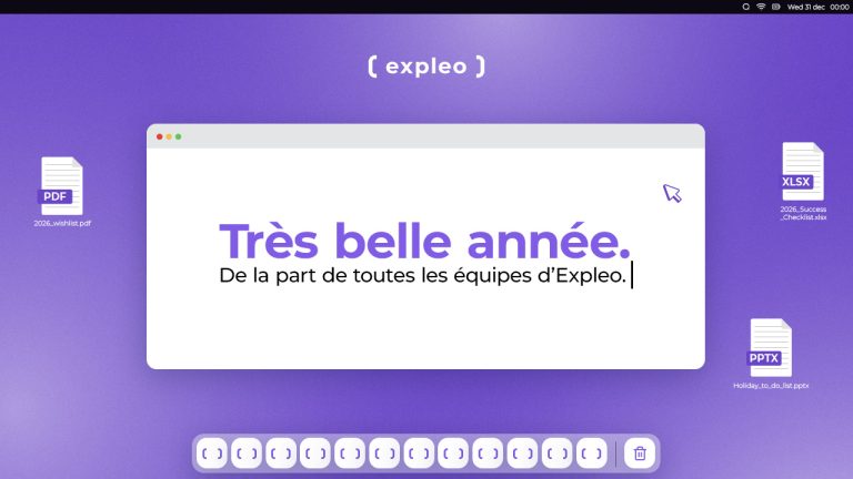 A purple graphic with the Expleo logo and French text saying, "Très belle année. De la part de toutes les équipes d’Expleo." PDF, XLSX, and PPTX file icons appear on the sides.