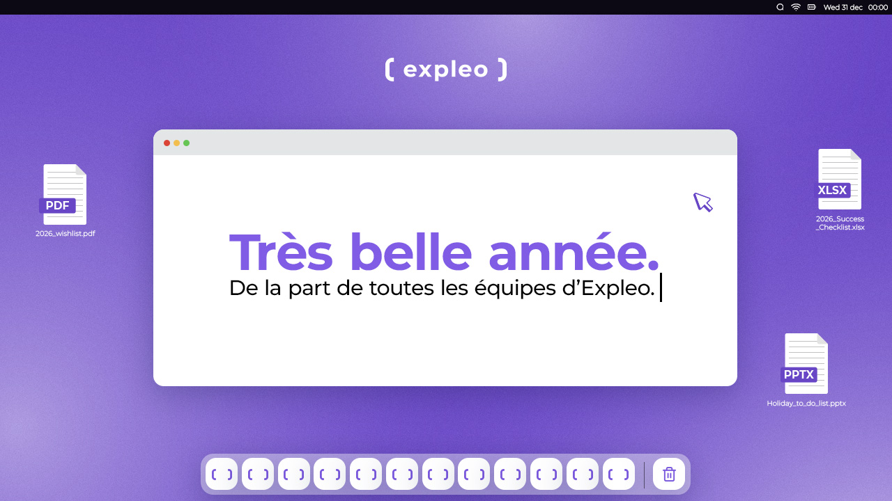 A purple graphic with the Expleo logo and French text saying, "Très belle année. De la part de toutes les équipes d’Expleo." PDF, XLSX, and PPTX file icons appear on the sides.