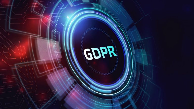 A digital circular interface with the text "GDPR" in the center, surrounded by glowing blue and red technological elements on a dark background, symbolizing data protection and privacy.