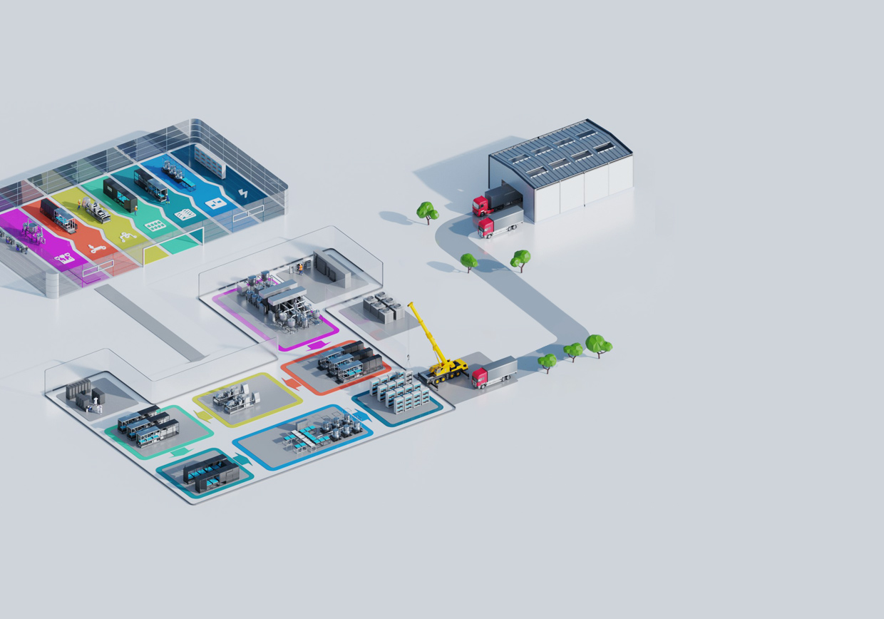 Isometric illustration of a smart factory with labeled production zones, robotic arms, automated machinery, a delivery truck, solar-paneled storage facility, and trees around the site, showing a connected manufacturing process.