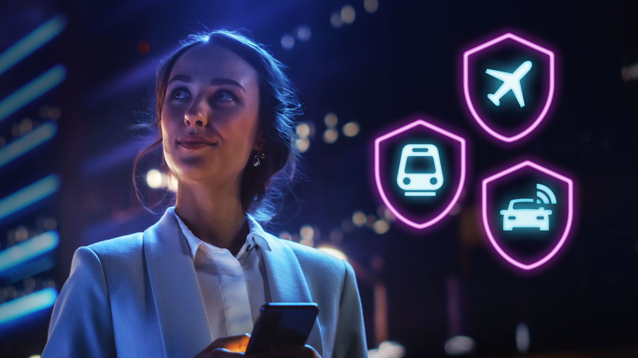 A woman in a suit holds a smartphone at night, looking up thoughtfully. Behind her are glowing icons of an airplane, a train, and a car, symbolizing different travel options.
