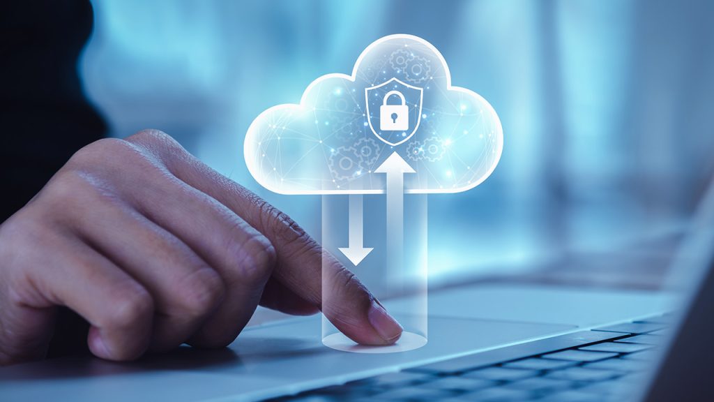 A hand touching a laptop keyboard with an abstract digital cloud icon above, symbolizing secure data upload and download. The cloud has a lock on it, representing cloud computing and data security. The background is a soft blue.
