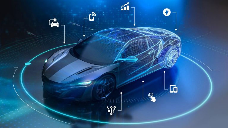 A sleek, futuristic car with wireframe overlay is shown against a blue background. Surrounding the car are various icons representing technology and connectivity, including signals, a power plug, a touch interface, and a circuit board.