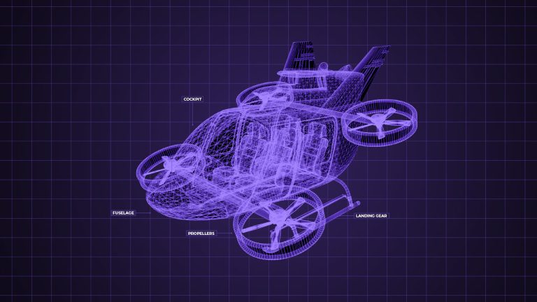 3d wireframe model of a futuristic helicopter with labeled parts including the cockpit, fuselage, propellers, and landing gear, displayed against a grid background.
