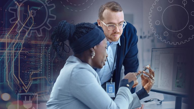 A woman and a man collaborate in an office setting with tech and engineering elements, including gears and circuit boards, superimposed in the background. Both are focused on examining a small mechanical part on a table, with a computer displaying technical diagrams beside them.