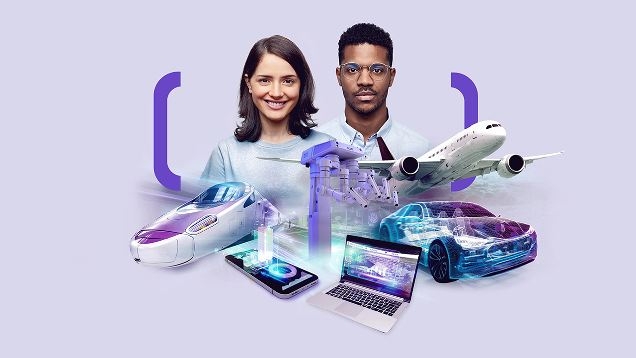 Une femme et un homme se tiennent côte à côte, entourés de technologies futuristes : un bras de robot, un train à grande vitesse, un avion, une voiture, un smartphone et un ordinateur portable, le tout illustré dans un style numérique et high-tech.