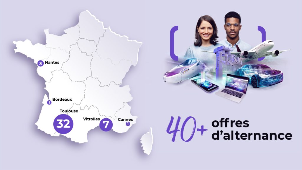 Carte de France indiquant Nantes, Bordeaux, Toulouse, Vitrolles et Cannes avec des numéros d'offres d'emploi. A droite, deux personnes et des objets technologiques ; le texte indique "40+ offres d'alternance".