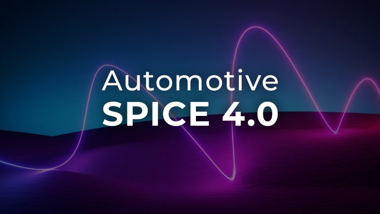 Image with a dark background featuring the text "Automotive SPICE 4.0" in the center. Behind the text, a neon light wave pattern in shades of purple and pink extends across the image, creating a sense of motion and technology.